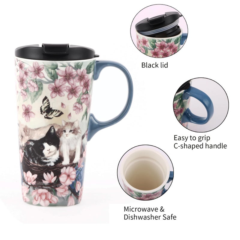 TZSSP Coffee Ceramic Mug Travel Mug Porcelain Latte Tea Cup With Lid 17oz,Novelty Coffee Mugs for Office & Home Flower and Cat - Image 5